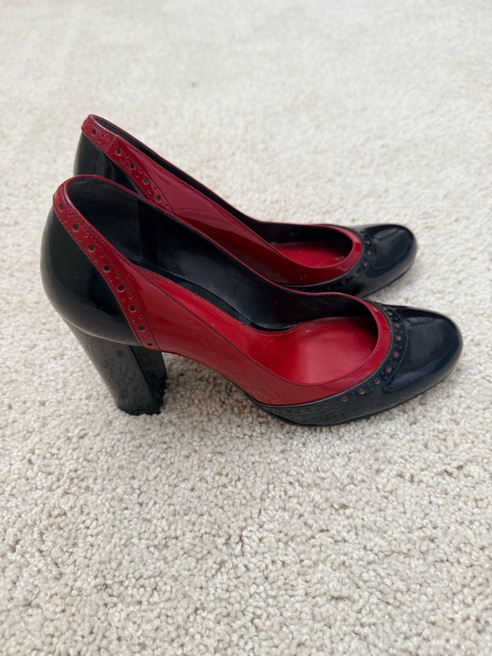 Ann Taylor Women's Two-Tone Black and Red Leather Block Heel Pumps